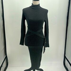 UEC Marciano gray rib turtleneck sweater maxi dress size small gold metal detail